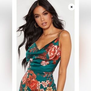 EMERALD GREEN FLORAL SATIN MIDI DRESS